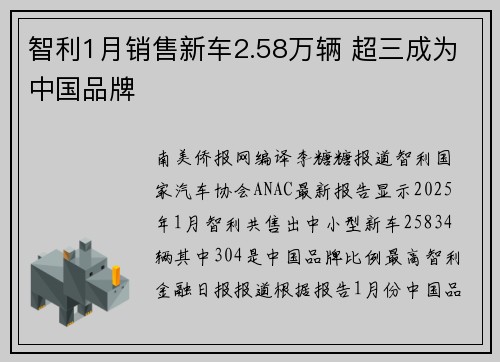 智利1月销售新车2.58万辆 超三成为中国品牌