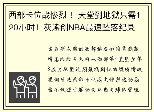 西部卡位战惨烈 ！天堂到地狱只需120小时！灰熊创NBA最速坠落纪录